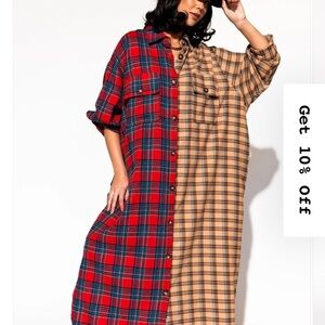 Dressed in LALA Red and Tan Plaid Long Sleeve Dress